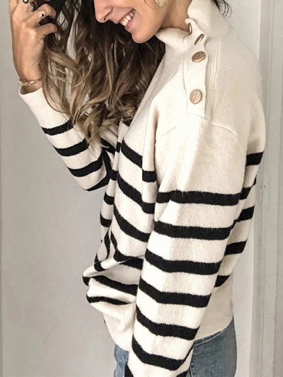 Women's Rivet Shoulder Striped Turtleneck Sweater White