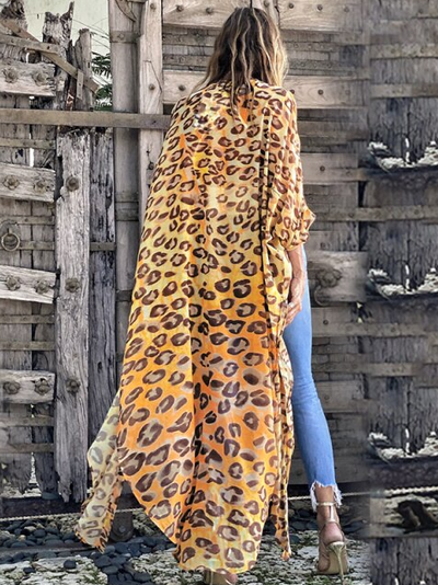 Women's Leopard Kimono Maxi Cover Up - Orange