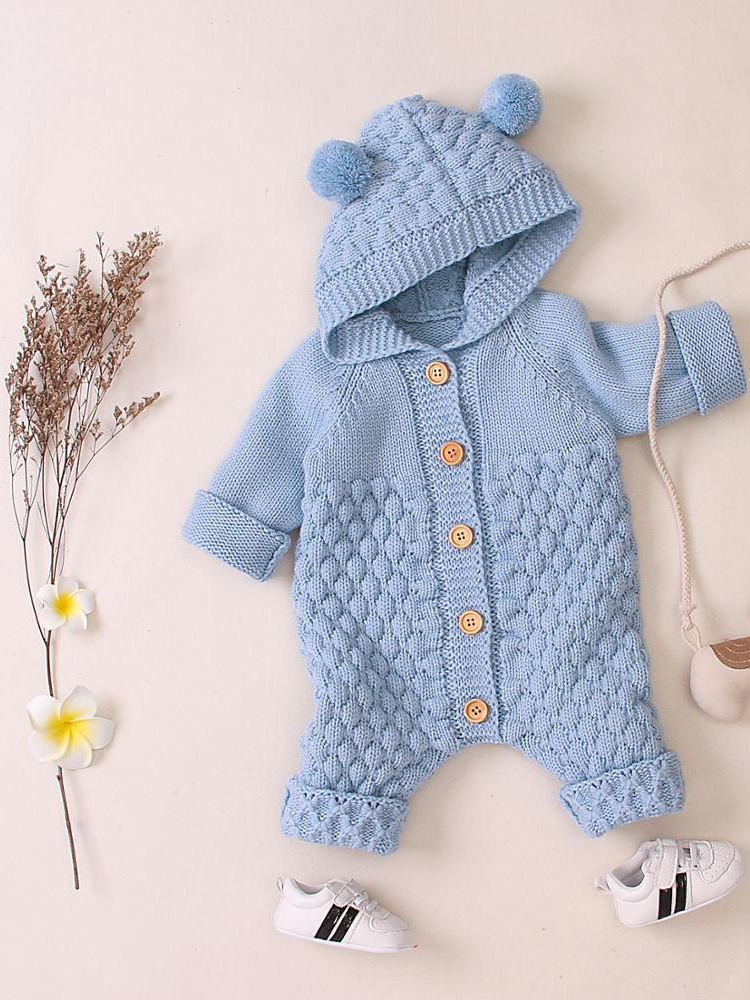 Baby Sweater Knit Fall Time Hooded Button Down Onesie Light Blue