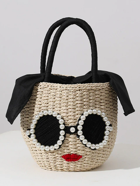 Miss Style Diva Sunglasses & Pearls Woven Tote Bag
