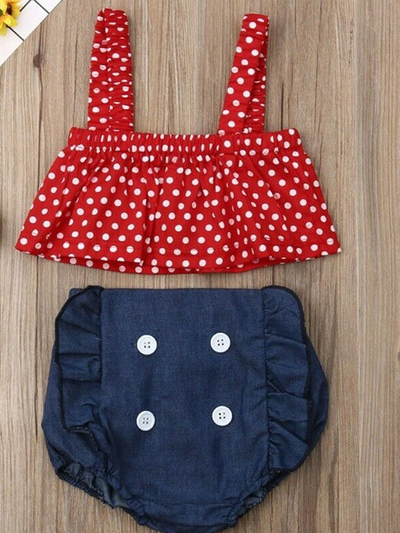 Baby set features a cropped top with polka dots and denim sailor-style bloomers