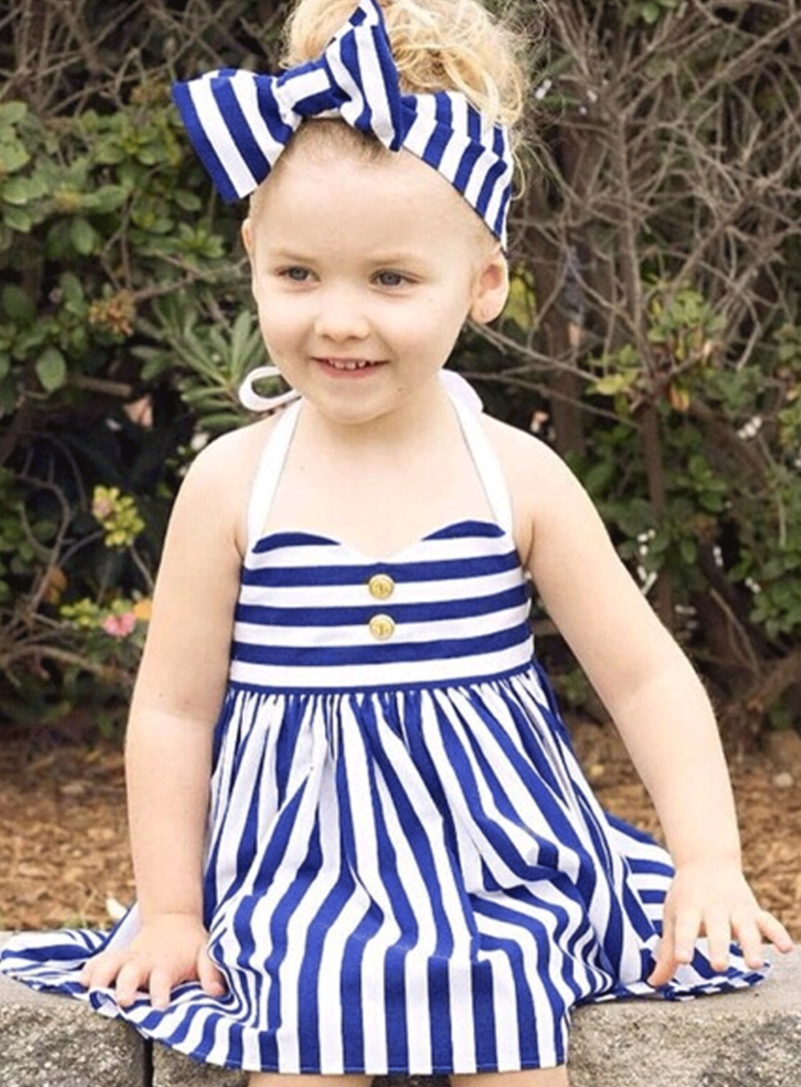 Girls Royal Striped Halter Dress with Bow - Girls Spring Casual Dress