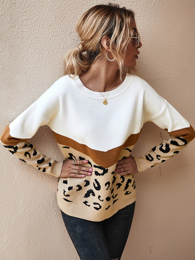 Women's Boho Chic Geometric Leopard Print Pullover Sweater Beige