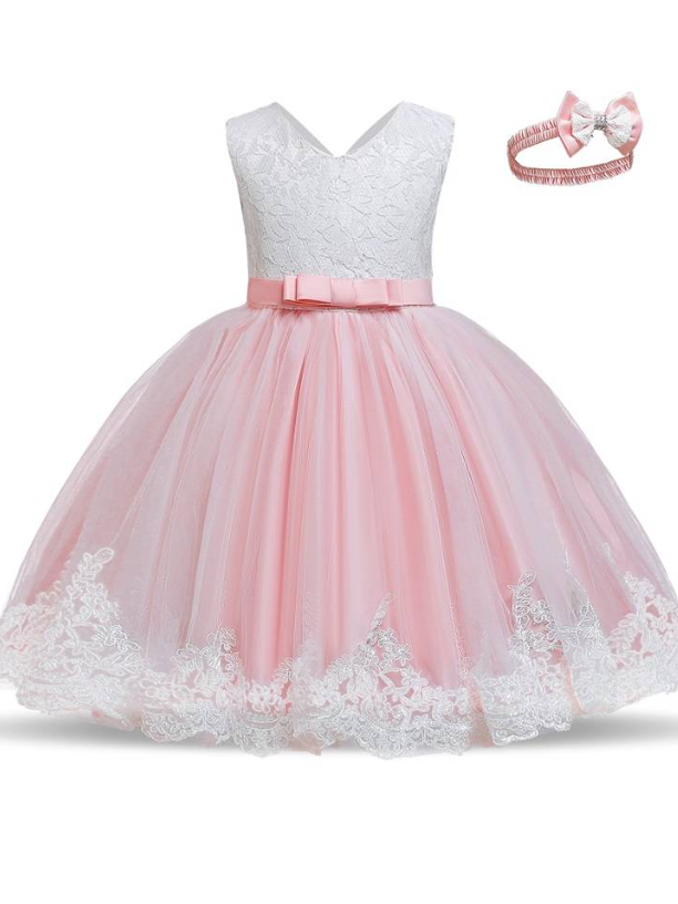 Baby Floral Lace Embroidered Beaded Dress with Bow-pink