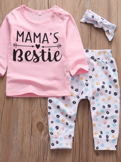Baby 'Mama's Bestie' Long Sleeve Shirt, Leggings, And Headband Set