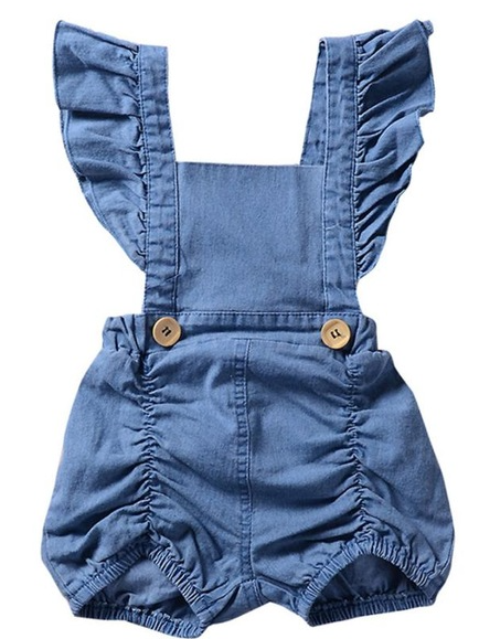 Baby overall style romper onesie has ruffled shoulder straps that tie on the back. has 2 little buttons on the front to make it even more stylish