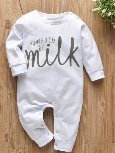 Baby Powered By Milk Long Sleeve Jumpsuit Onesie With Top Snaps White