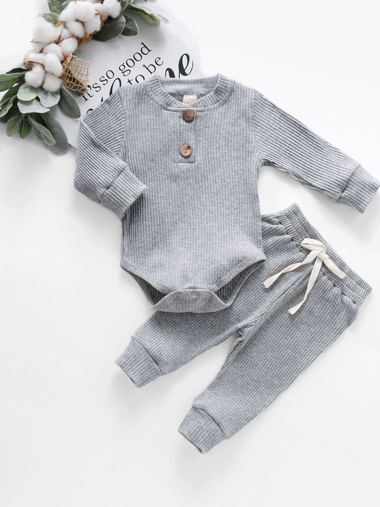 Baby Comfy Cozy Cotton Ribbed Long Sleeve Onesie and Pants Set Grey