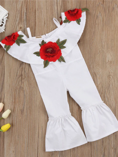 Girls Spring Outfits | Rose Embroidered Flared Bell Bottom Jumpsuit