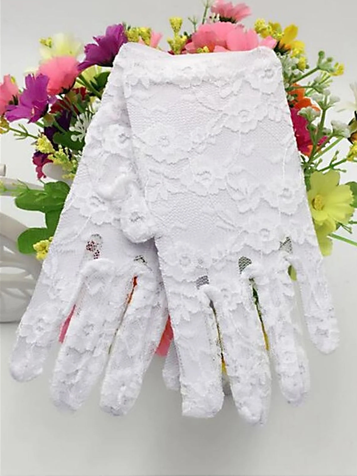 Kids Costume Accessories | Girls White Vintage Floral Lace Hand Gloves