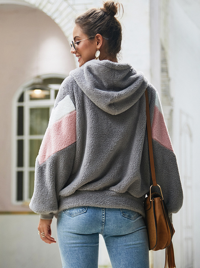 Women's Plush Tri-Color Full-Zip Hooded Sweater Grey