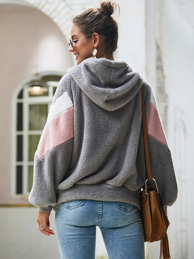 Women's Plush Tri-Color Full-Zip Hooded Sweater Grey