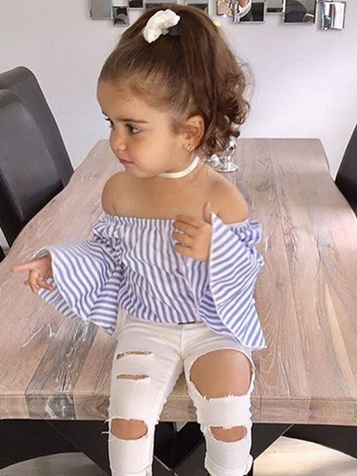 Girls Spring Outfits | Striped Bell Sleeve Top & White Denim Jeans Set