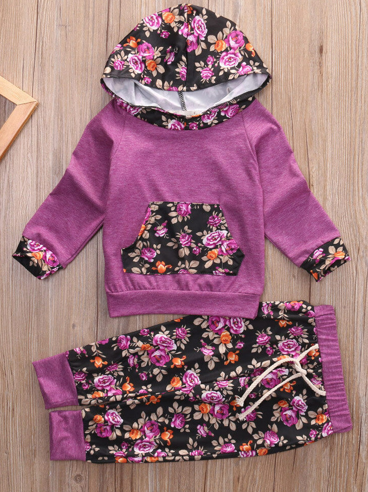 Baby Active Angel Floral Hooded Long Sleeve Top And Pants Set Purple