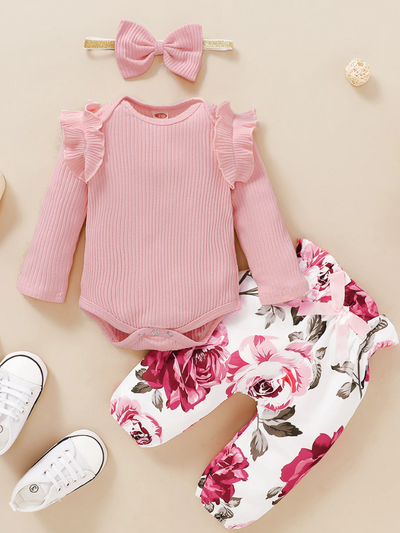 Baby Fall Floral Fantasy Ribbed Long Sleeve Onesie and Legging Set Pink