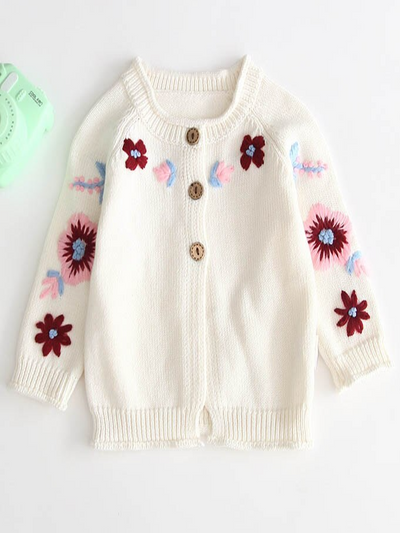 Baby Embroidered Angel Floral Knit Half-Button Cardigan - White