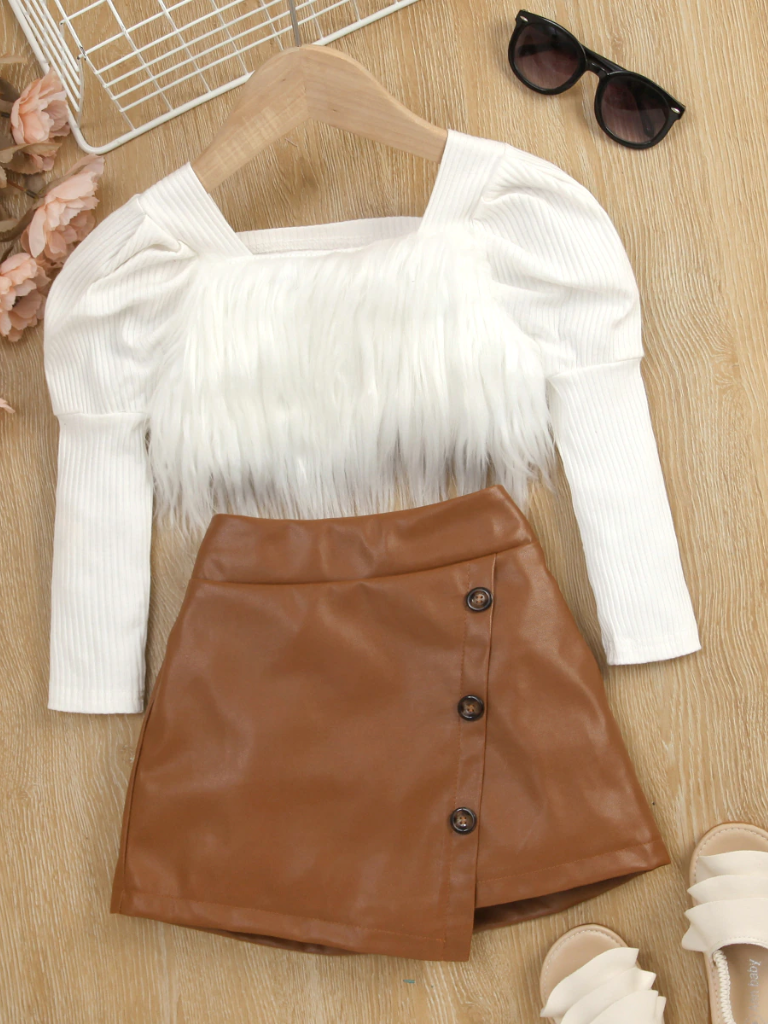 Toddler Everyday Fashion | Girls Furry Crop Top PU Leather Skort Set