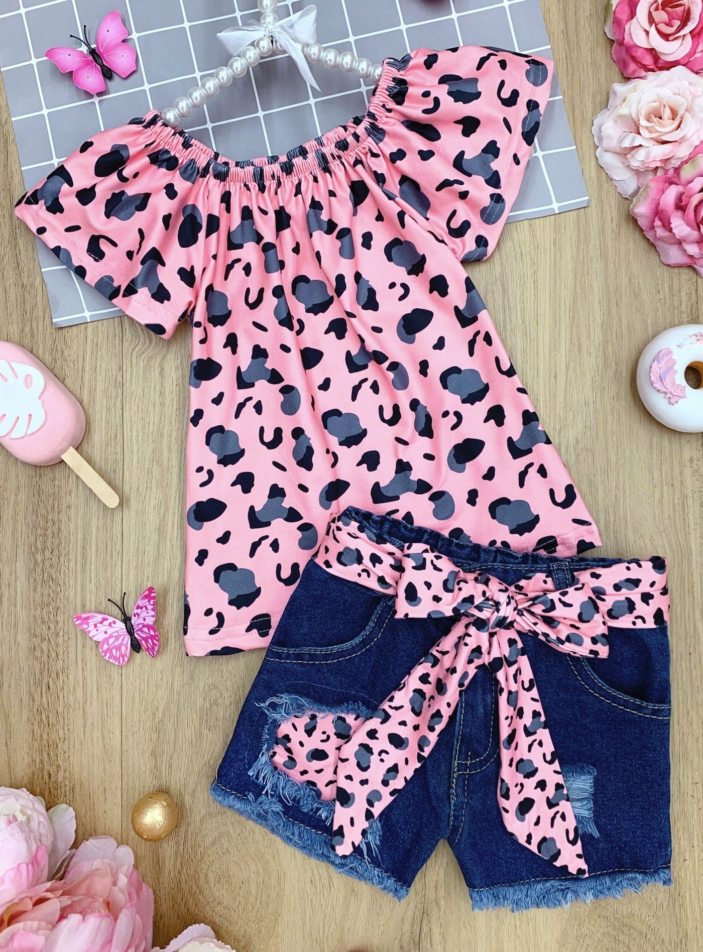 Kids Spring Fashion Sale | Girls Pink Leopard Top & Denim Shorts Set