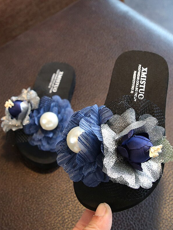 Girls Spring Flowers and Pearls Slides By Liv and Mia - Navy