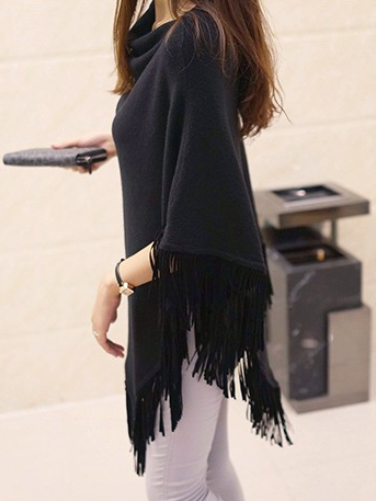 Women's Picturesque Fringe Poncho Sweater Black