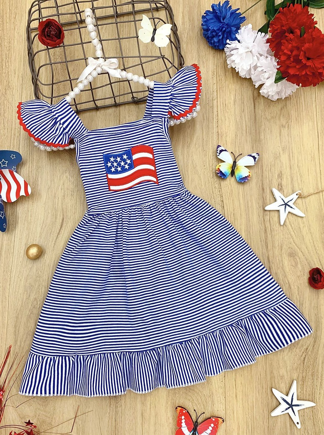 Girls 4th of July Themed Striped Flutter Sleeve American Flag Applique Ruffled Dress