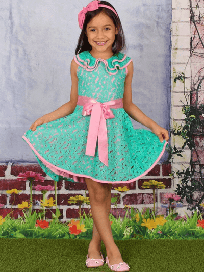 Girls Lace Ruffled Double Layer Collar Dress with Satin Sash