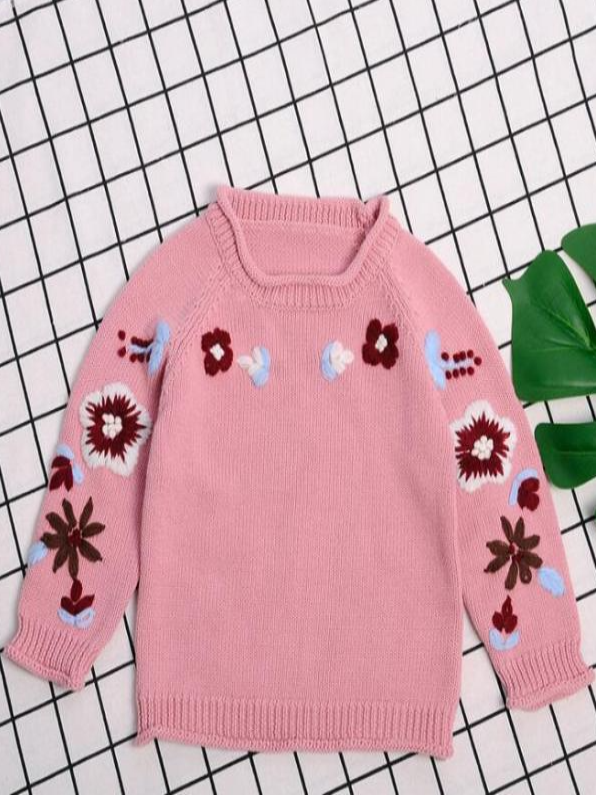 Baby Embroidered Angel Floral Long Sleeve Sweater - Pink