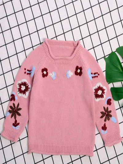 Baby Embroidered Angel Floral Long Sleeve Sweater - Pink