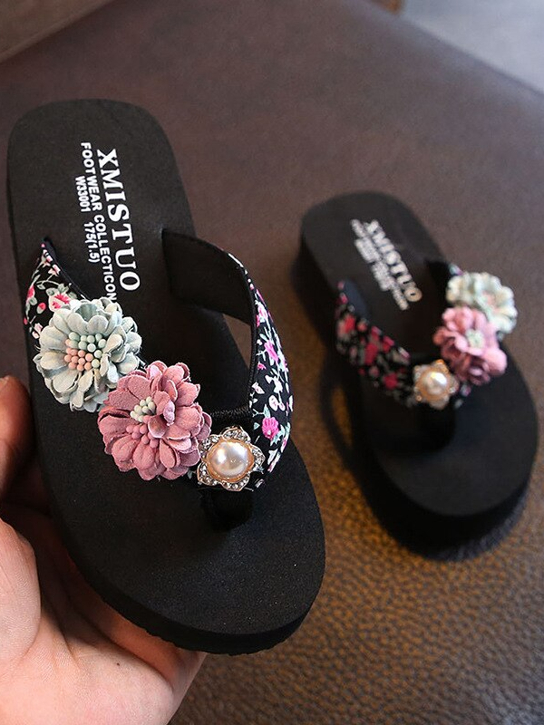 Girls Flower and Pearl Applique Slide Sandals - Mia Belle Girls Shoes