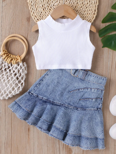 Mia Belle Girls Top And Pleated Denim Skirt Set | Girls Spring Outfits