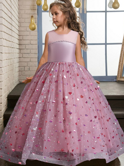 Little Girls Special Occasion Dress | Sparkle Heart Sheer Collar Gown