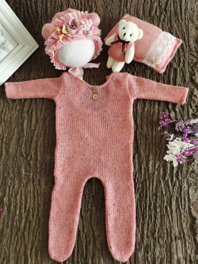 Baby Photoshoot Onesie with Cap, Pillow and Doll Set-Pink