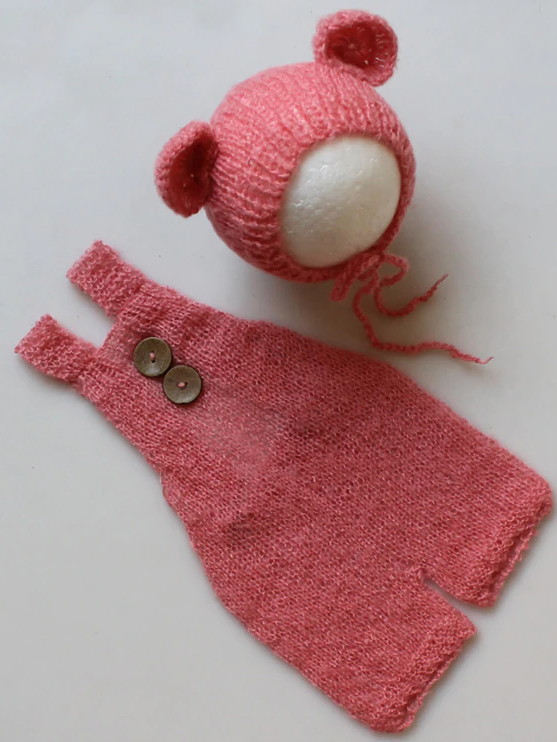Babies Knitted onesie with cap with ears-pink