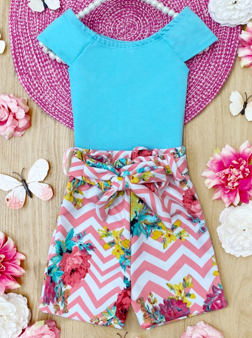 Toddler Spring Outfits | Girls Top & Floral Paperbag Belted Shorts Set