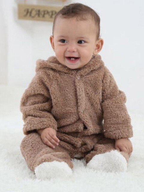Baby Little Teddy Bear Fleece Onesie with Footies - Brown