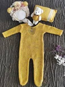 Baby Photoshoot Onesie with Cap, Pillow and Doll Set-Yellow