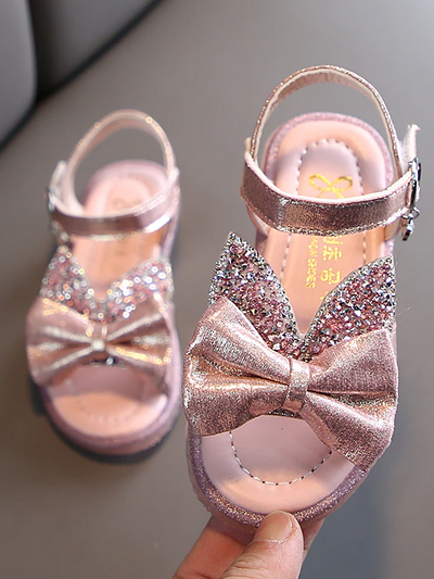 Girls silver black pink sandals glitter bows metallic look