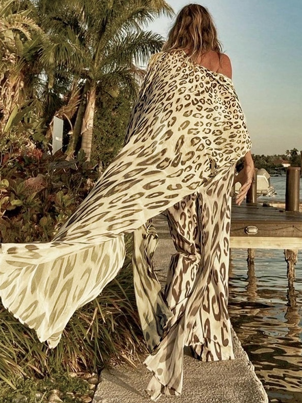 Women's Leopard Kimono Maxi Cover Up - Creme