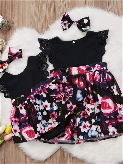 Big Sister & Little Sister Floral Print Ruffled Sleeve Dress with Matching Bow - Casual Spring Casual Dress