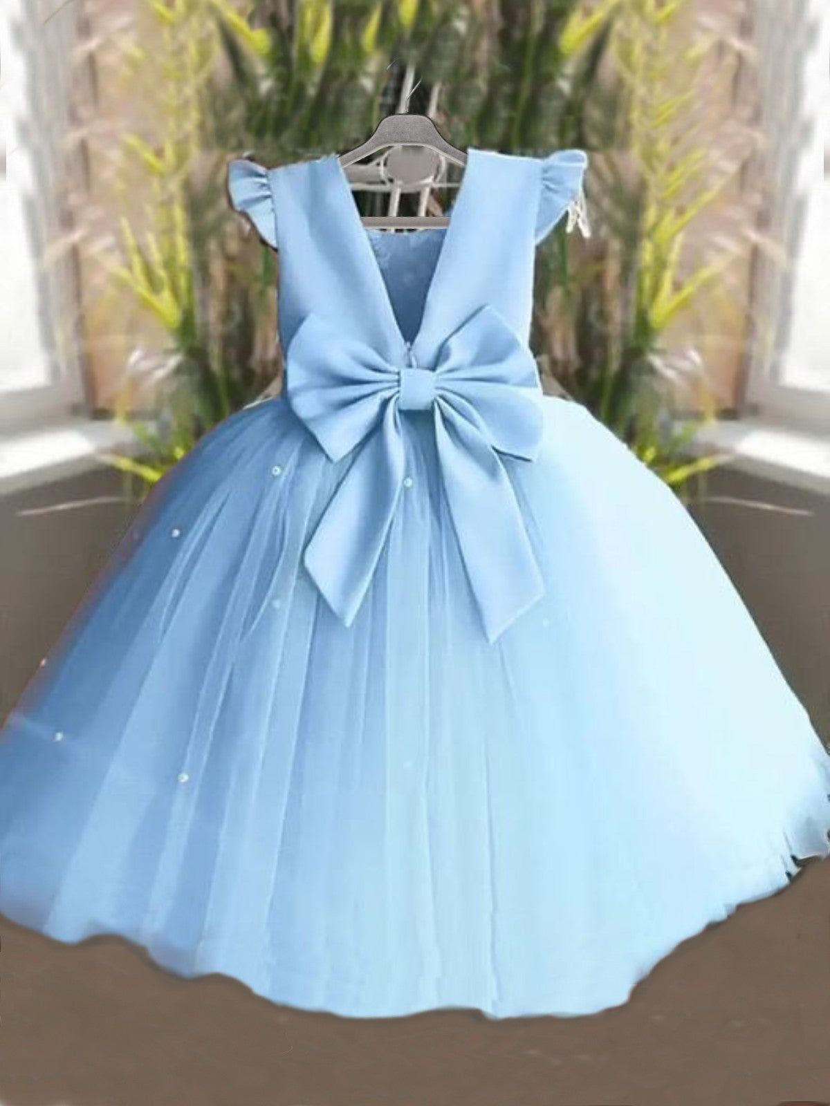 Girls Spring Formal Dresses |  Blue Satin Cap Sleeve Princess Dress