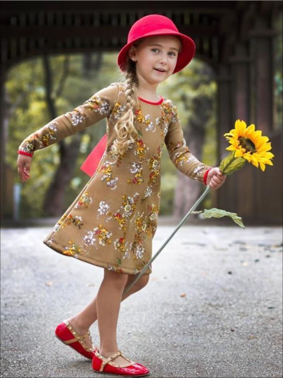 Brown Floral A-Line Dress w/ Back Tie Detail - Brown Floral / 2T - Fall Low Stock
