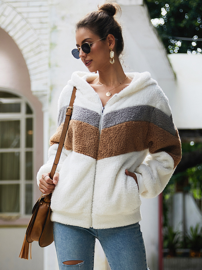 Women's Plush Tri-Color Full-Zip Hooded Sweater White