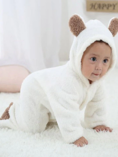 Baby Little Teddy Bear Fleece Onesie with Footies - White