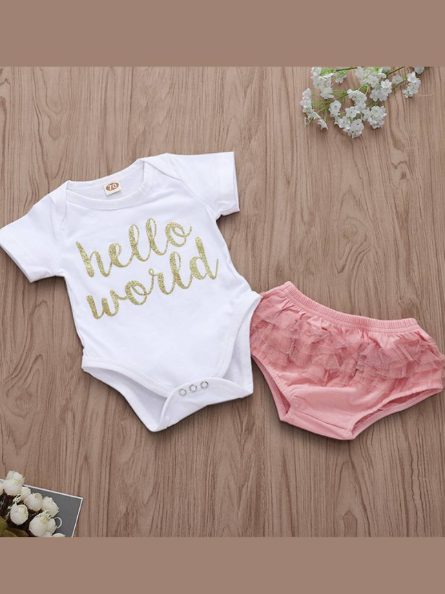 Baby set features a short-sleeved onesie with "Hello World" print and ruffled bloomers