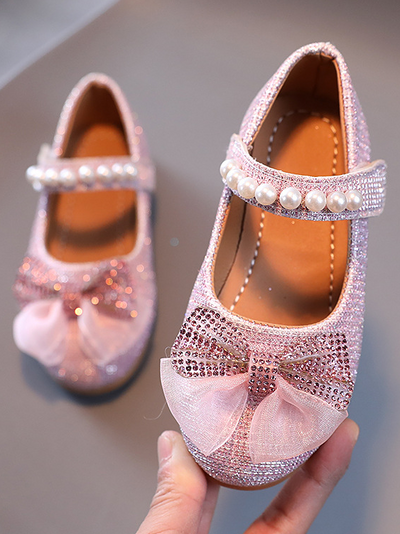 Girls Pearls and Bow Mary Jane Flats By Liv and Mia - Pink - Girls Shoes