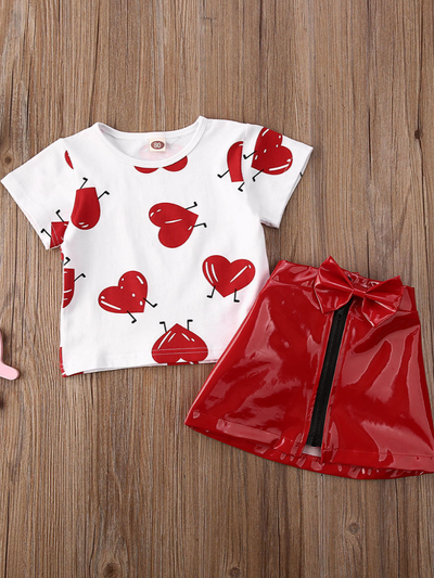 Girls Red Hearts Top & Vegan Leather Skirt Set - Mia Belle Girls