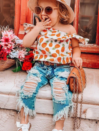 Girls Spring Outfits | Pineapple Print Top & Distressed Jeans Set