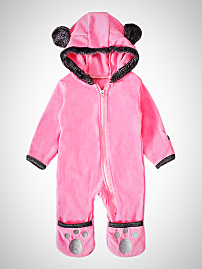 Girls hooded jumpsuit/onesie with little ears on the hood, front zipper closure, and footies
