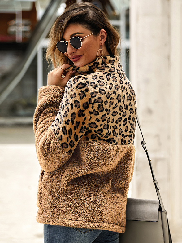 Women's Lady Leopard Plush Quarter-Zip Sweater Brown