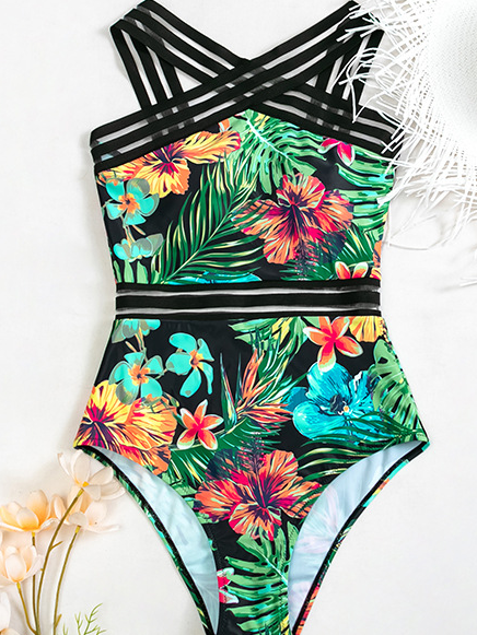 Women's Tropic Floral Print One Piece Swimsuit - Black